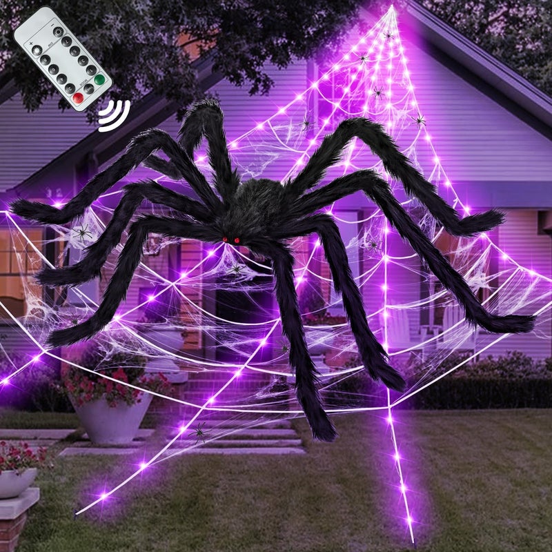 Kendane Halloween Decorations Outdoor and Indoor,250 LED Halloween Spider Web Light Decorations with 59" Giant Spider & 20g Stretch Cobweb,200" Large Light Up Spider Web for Yard(Purple) - Image 1